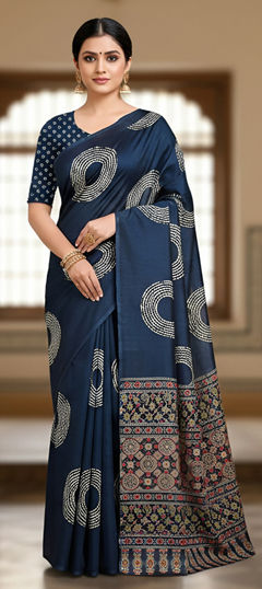 Blue color Saree in Mul Cotton fabric with Bandhej, Printed work