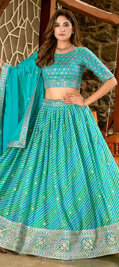 Blue color Lehenga in Silk fabric with Embroidered, Lehariya, Printed, Sequence work