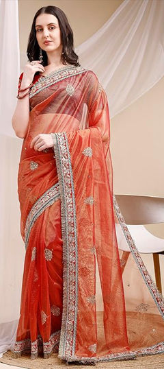 Orange color Saree in Banarasi Silk fabric with Embroidered, Sequence, Thread work