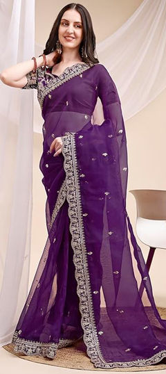 Purple and Violet color Saree in Organza Silk fabric with Embroidered work