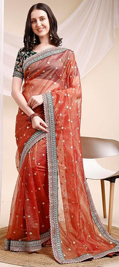 Orange color Saree in Banarasi Silk fabric with Embroidered, Sequence, Thread work