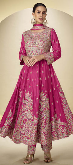 Pink and Majenta color Salwar Kameez in Chinon Silk fabric with Embroidered, Mirror, Sequence, Zari work