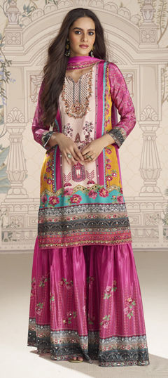 Pink and Majenta color Salwar Kameez in Crepe Silk fabric with Mirror, Printed, Sequence work
