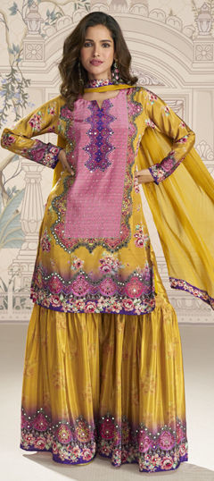 Yellow color Salwar Kameez in Crepe Silk fabric with Mirror, Printed, Sequence work