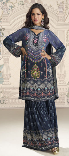 Blue color Salwar Kameez in Crepe Silk fabric with Mirror, Printed, Sequence work