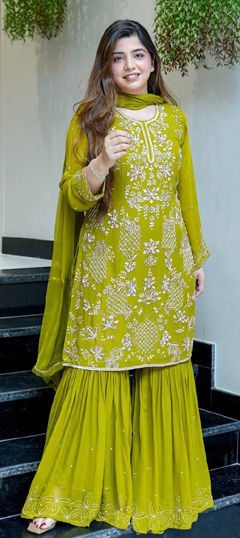 Green color Salwar Kameez in Faux Georgette fabric with Embroidered, Thread work