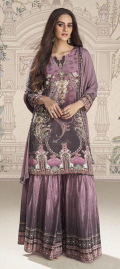 Pink and Majenta color Salwar Kameez in Crepe Silk fabric with Mirror, Printed, Sequence work
