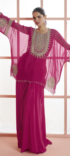 Pink and Majenta color Salwar Kameez in Chinon Silk fabric with Embroidered, Thread work