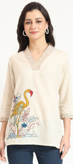 White and Off White color Kurti in Cotton fabric with Embroidered work