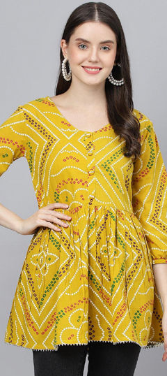 Yellow color Kurti in Cotton fabric with Bandhej work
