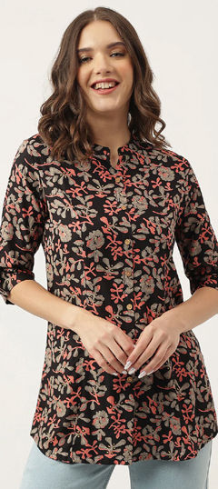 Black and Grey color Kurti in Rayon fabric with Printed work