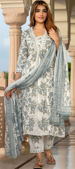 White and Off White color Salwar Kameez in Cotton fabric with Floral, Printed work