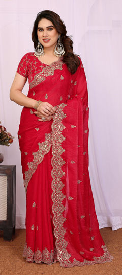 Red and Maroon color Saree in Chiffon fabric with Sequence work