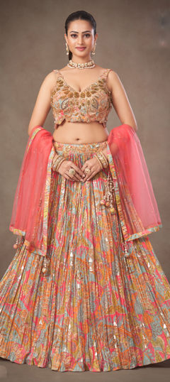 Multicolor color Lehenga in Tissue fabric with Embroidered, Printed, Sequence work