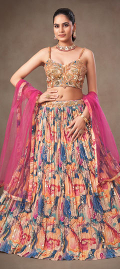 Multicolor color Lehenga in Tissue fabric with Embroidered, Floral, Printed, Sequence work