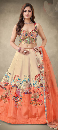 Beige and Brown, Orange color Lehenga in Tissue fabric with Bugle Beads, Moti, Sequence work