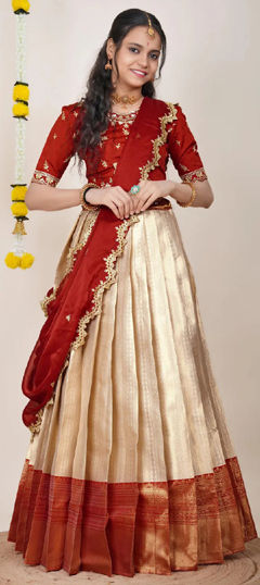 White and Off White color Lehenga in Kanjeevaram Silk fabric with Weaving, Zari work
