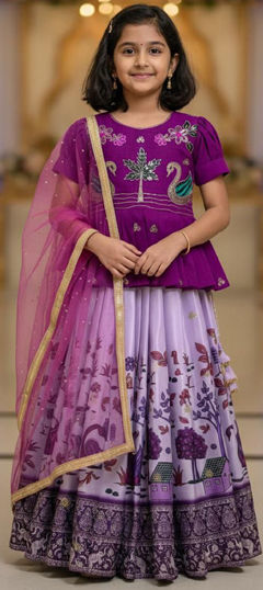Purple and Violet color Kids Lehenga in Chinon Silk fabric with Printed work