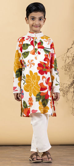 Orange color Boys Kurta Pyjama in Cotton fabric with Embroidered, Floral, Printed work