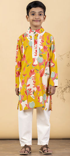 Yellow color Boys Kurta Pyjama in Cotton fabric with Embroidered, Floral, Printed work