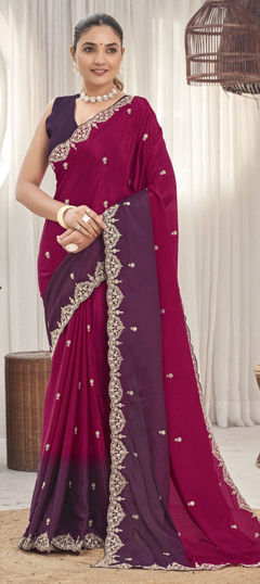 Red and Maroon color Saree in Banarasi Silk fabric with Weaving, Zari work