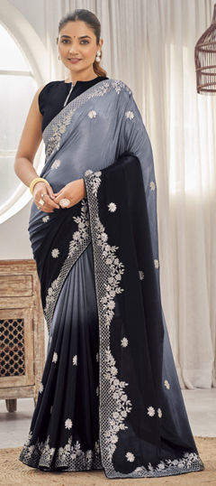 Black and Grey color Saree in Banarasi Silk fabric with Weaving, Zari work