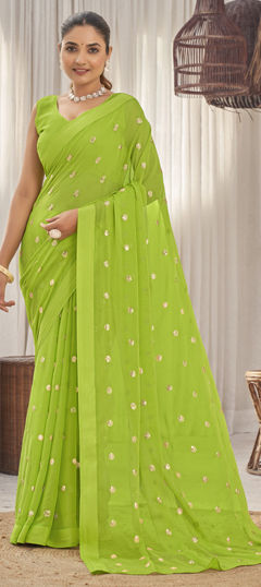 Green color Saree in Banarasi Silk fabric with Weaving, Zari work