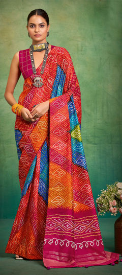 Orange color Saree in Tussar Silk fabric with Bandhej, Printed work