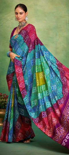 Purple and Violet color Saree in Tussar Silk fabric with Bandhej, Printed work
