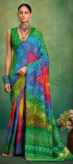 Green color Saree in Tussar Silk fabric with Bandhej, Printed work