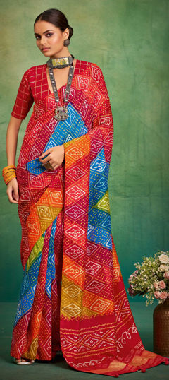 Red and Maroon color Saree in Tussar Silk fabric with Bandhej, Printed work