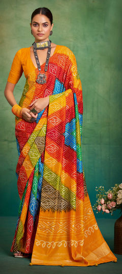 Yellow color Saree in Tussar Silk fabric with Bandhej, Printed work