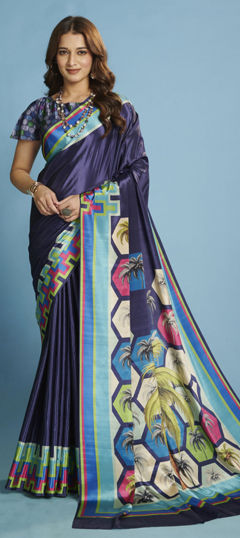 Blue color Saree in Crepe Silk fabric with Digital Print work