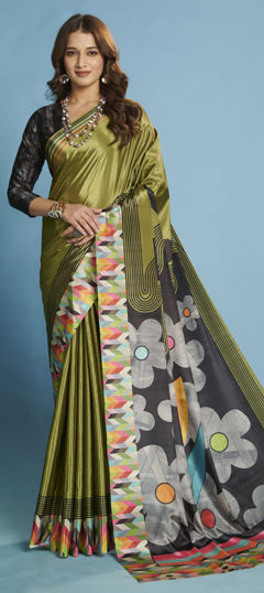 Green color Saree in Crepe Silk fabric with Digital Print work