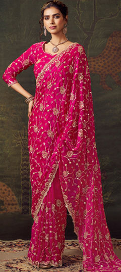 Pink and Majenta color Saree in Tissue fabric with Embroidered, Sequence, Thread, Zari work