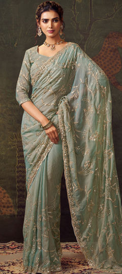Green color Saree in Tissue fabric with Embroidered, Sequence, Thread, Zari work