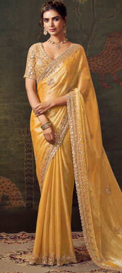 Yellow color Saree in Tissue fabric with Embroidered, Sequence, Thread, Zari work