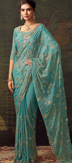 Blue color Saree in Tissue fabric with Embroidered, Sequence, Thread, Zari work