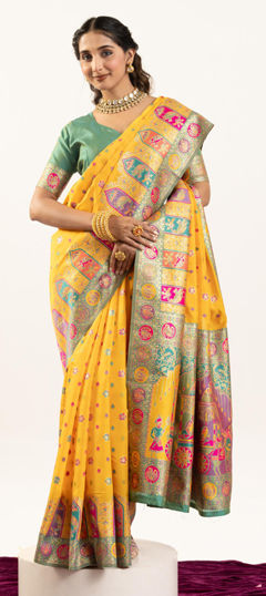 Yellow color Saree in Pashmina fabric with Weaving work