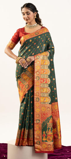 Green color Saree in Pashmina fabric with Weaving work