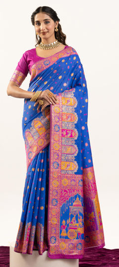 Blue color Saree in Pashmina fabric with Weaving work
