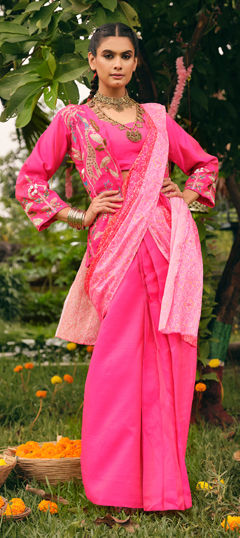 Pink and Majenta color Readymade Saree in Shimmer fabric with Bandhej, Embroidered, Printed, Thread work