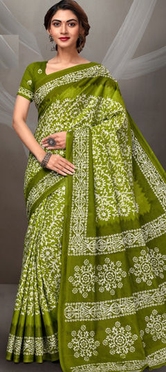 Green color Saree in Mul Cotton fabric with Printed work