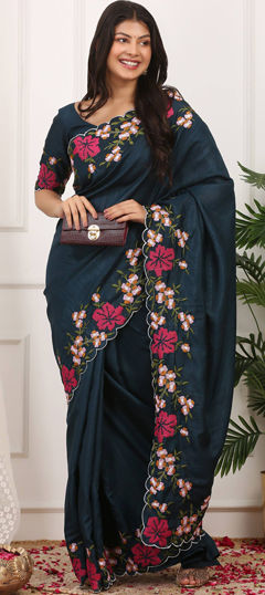 Blue color Saree in Manipuri Silk fabric with Embroidered, Resham, Thread work