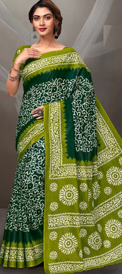 Green color Saree in Mul Cotton fabric with Printed work
