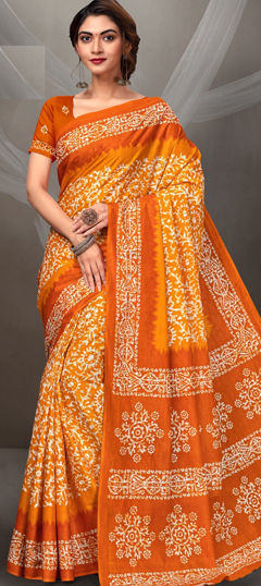 Orange color Saree in Mul Cotton fabric with Printed work