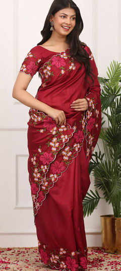 Red and Maroon color Saree in Manipuri Silk fabric with Embroidered, Resham, Thread work