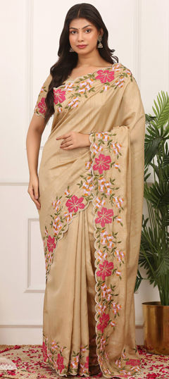 Beige and Brown color Saree in Manipuri Silk fabric with Embroidered, Resham, Thread work
