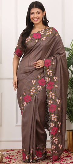 Beige and Brown color Saree in Manipuri Silk fabric with Embroidered, Resham, Thread work