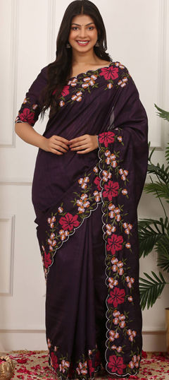 Purple and Violet color Saree in Manipuri Silk fabric with Embroidered, Resham, Thread work